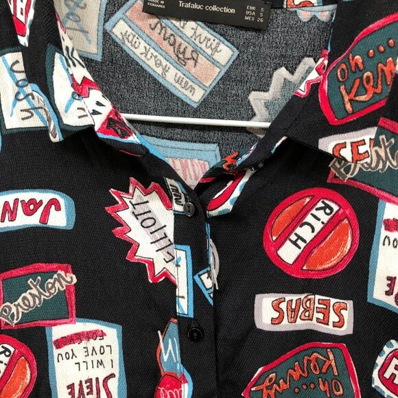 Zara Mini Shirt Dress Size S Black Multicolor Boy Names Graphic Rayon Artsy - Picture 6 of 11